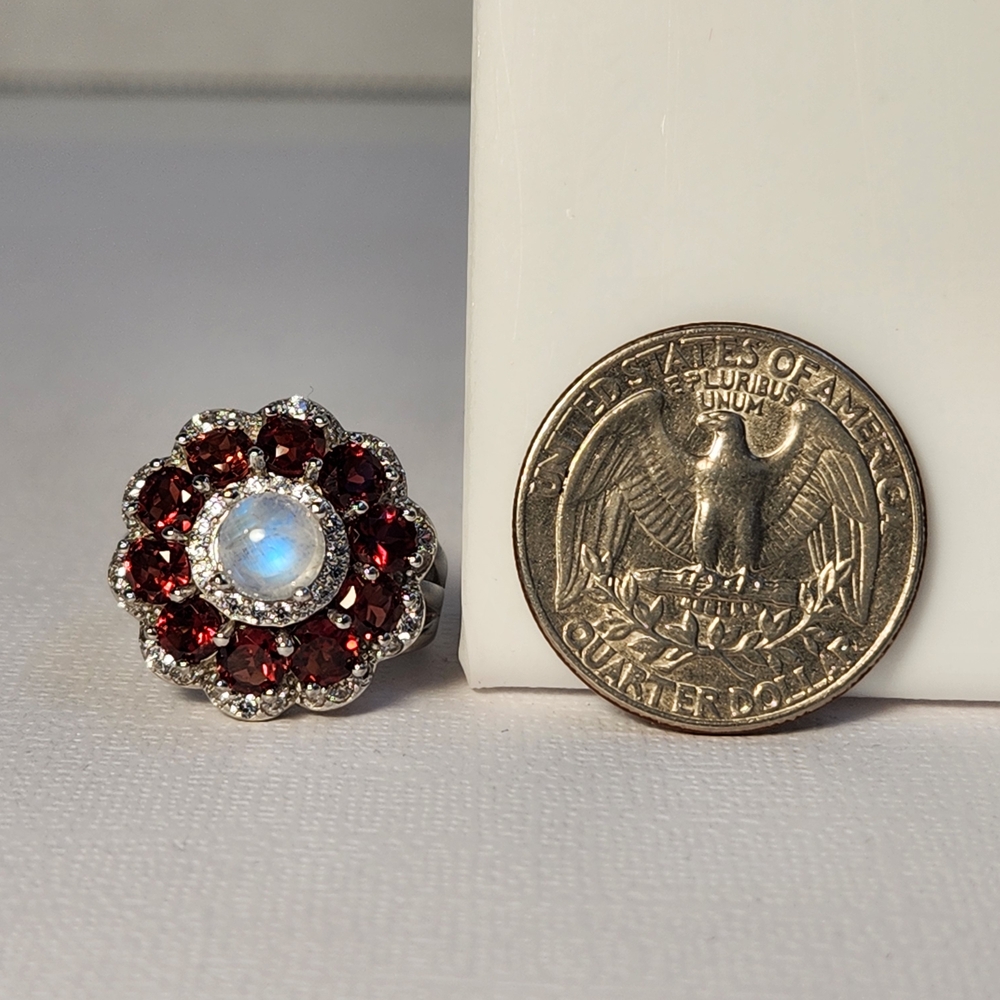 VTG Custom Garnet, Rainbow Moonstone & Zircon 925 Ring Sz 6 - Picture 4 of 13